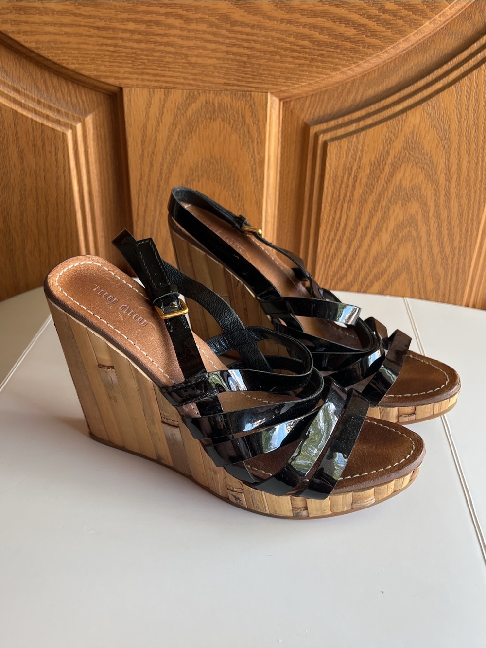 Miu Miu Vintage Black Patent Leather Bamboo Wedge Slingback Sandals Y2K EU 39